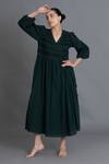 Buy_Khat_Green Handloom Cotton Embroidery V-neck Forest Hand Smocked Dress _Online_at_Aza_Fashions