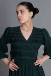 Shop_Khat_Green Handloom Cotton Embroidery V-neck Forest Hand Smocked Dress _Online_at_Aza_Fashions