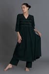 Buy_Khat_Emerald Green Handloom Cotton Embroidery Forest Hand Smocked Kurta And Pant _at_Aza_Fashions