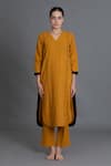 Buy_Khat_Yellow Tencel, Cotton Piping V-neck Mustered Kurta And Pant Set _Online_at_Aza_Fashions