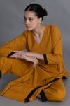Shop_Khat_Yellow Tencel, Cotton Piping V-neck Mustered Kurta And Pant Set _Online_at_Aza_Fashions