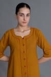 Shop_Khat_Mustard Cotton Piping Round Neck Mustered Kurta _Online_at_Aza_Fashions