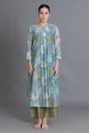 Khat_Blue Chanderi Silk Round Neck Ocean Floral Print Kurta And Pant Set _at_Aza_Fashions