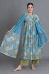 Shop_Khat_Blue Chanderi Silk Round , Keyhole Ocean Floral Print Kurta Set _at_Aza_Fashions