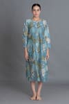Buy_Khat_Blue Chanderi Silk Round Neck Ocean Floral Print Kurta _Online_at_Aza_Fashions
