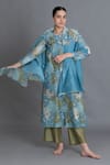 Shop_Khat_Blue Chanderi Silk Round Neck Ocean Floral Print Kurta Set _at_Aza_Fashions