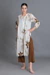 Shop_Khat_Off White Handloom Cotton Mandarin Collar Earthy Brown Print Kurta And Pant Set _Online_at_Aza_Fashions