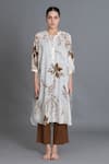 Khat_Off White Handloom Cotton Mandarin Collar Earthy Brown Print Kurta And Pant Set _at_Aza_Fashions