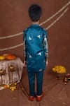 Shop_Toplove_Teal Satin Embroidery Peacock And Deer Sherwani Set _at_Aza_Fashions