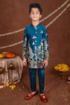 Buy_Toplove_Teal Satin Embroidery Peacock And Deer Sherwani Set _at_Aza_Fashions