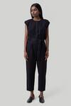 Reistor_Black Cotton Round Neck Organic Jumpsuit With Detachable Belt _Online_at_Aza_Fashions