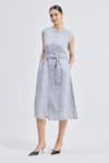 Buy_Reistor_Gray Linen Round Neck Back Cut-out Pinstripe Dress _at_Aza_Fashions
