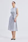 Reistor_Gray Linen Round Neck Back Cut-out Pinstripe Dress _Online_at_Aza_Fashions