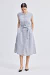 Buy_Reistor_Gray Linen Round Neck Back Cut-out Pinstripe Dress _Online_at_Aza_Fashions