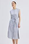 Reistor_Gray Linen Round Neck Back Cut-out Pinstripe Dress _at_Aza_Fashions