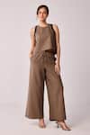 Buy_Reistor_Brown Cotton Round Neck Colorblock Top And Wide Leg Pant Set _at_Aza_Fashions