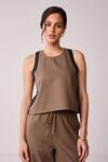Shop_Reistor_Brown Cotton Round Neck Colorblock Top And Wide Leg Pant Set 