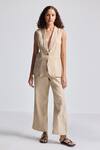 Buy_Reistor_Beige Cotton Shawl Neck Sleeveless Jacket And Pant Set _at_Aza_Fashions