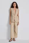 Reistor_Beige Cotton Shawl Neck Sleeveless Jacket And Pant Set _Online_at_Aza_Fashions