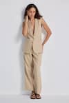 Buy_Reistor_Beige Cotton Shawl Neck Sleeveless Jacket And Pant Set _Online_at_Aza_Fashions