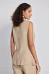 Shop_Reistor_Beige Cotton Shawl Neck Sleeveless Jacket And Pant Set _at_Aza_Fashions