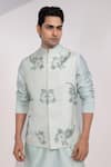 Buy_Yoseba_Mint Organza Pista Floral And Bird Nehru Jacket _at_Aza_Fashions