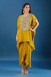 Shop_Prisho_Yellow Embroidery Round Neck Yoke Kaftan With Skirt _Online_at_Aza_Fashions