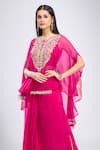 Prisho_Pink Embroidery, Sequins Round Neck Paisley Kaftan Draped Skirt Set _at_Aza_Fashions