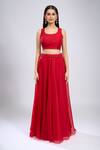 Buy_Prisho_Red Embroidery, Beads Round Neck Waistband Skirt Set _Online_at_Aza_Fashions