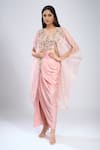 Buy_Prisho_Pink Embroidery, Beads Round Neck Cape Skirt Set _at_Aza_Fashions