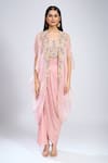 Shop_Prisho_Pink Embroidery, Beads Round Neck Cape Skirt Set _Online_at_Aza_Fashions