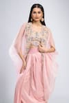 Prisho_Pink Embroidery, Beads Round Neck Cape Skirt Set _at_Aza_Fashions