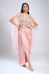 Buy_Prisho_Pink Embroidery, Beads Round Neck Cape Skirt Set 