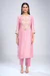 Shop Prisho Pink Silk Embroidery Round Neck 3d Floral Kurta Set Online at Aza Fashions Shop_Prisho_Pink Silk Embroidery Round Neck 3d Floral Kurta Set _Online_at_Aza_Fashions
