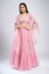Shop_Prisho_Pink Embroidery, Zari Round , High Resham Cape Skirt Set _Online_at_Aza_Fashions