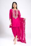 Prisho_Fuchsia Embroidery Round Neck Yoke Kurta Skirt Set _Online_at_Aza_Fashions