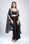 Buy_Prisho_Black Polyester Embroidery Round Neck Cape Skirt Set _Online_at_Aza_Fashions