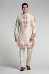 Shop_Taroob_Off White Cotton, Silk Embroidery Kurta And Pyjama Set_Online_at_Aza_Fashions