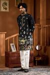 Taroob_Black Silk Printed Raw Blend Kurta Set _at_Aza_Fashions