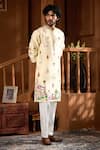 Shop_Taroob_Beige Pichwai Print Kurta And Pyjama Set _Online_at_Aza_Fashions