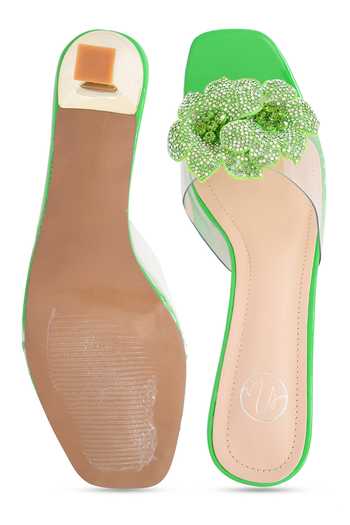 Shop_NR By Nidhi Rathi_Green Rhinestones, Stones Embellished Flower Transparent Heels _at_Aza_Fashions