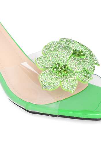 Buy_NR By Nidhi Rathi_Green Rhinestones, Stones Embellished Flower Transparent Heels 