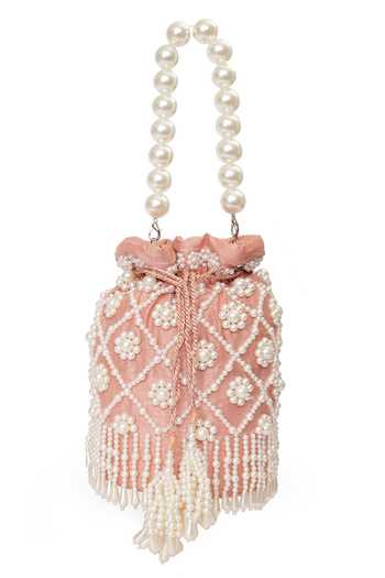 Shop_NR By Nidhi Rathi_Peach Pearls, Beads, Tassels Embellished Drawstring Potli Bag _at_Aza_Fashions