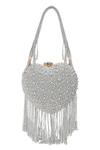 Shop_NR By Nidhi Rathi_Silver Beads, Crystals, Fringe Beaded Heart Shaped Clutch With Tassels _at_Aza_Fashions