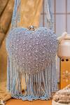 Buy_NR By Nidhi Rathi_Silver Beads, Crystals, Fringe Beaded Heart Shaped Clutch With Tassels _at_Aza_Fashions