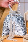 Buy_NR By Nidhi Rathi_Silver Sequins, Beads, Tassels Embroidered Potli Bag With Pearl Handle _at_Aza_Fashions