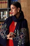 Shop_Mauli Cashmere_Navy Floral Bouquet Embroidered Merino Stole _at_Aza_Fashions