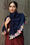Shop_Mauli Cashmere_Navy Floral Sprinkle Border Stole _at_Aza_Fashions