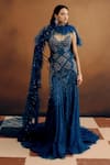 Buy_Dolly J_Teal Tulle Crystals, Beads, Feathers Sweetheart Cyanarelle Gown With Faux Drape _at_Aza_Fashions