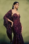 Dolly J_Burgundy Georgette Beads, Crystals, Sequins, Sangria Gown With Draped Cape _Online_at_Aza_Fashions